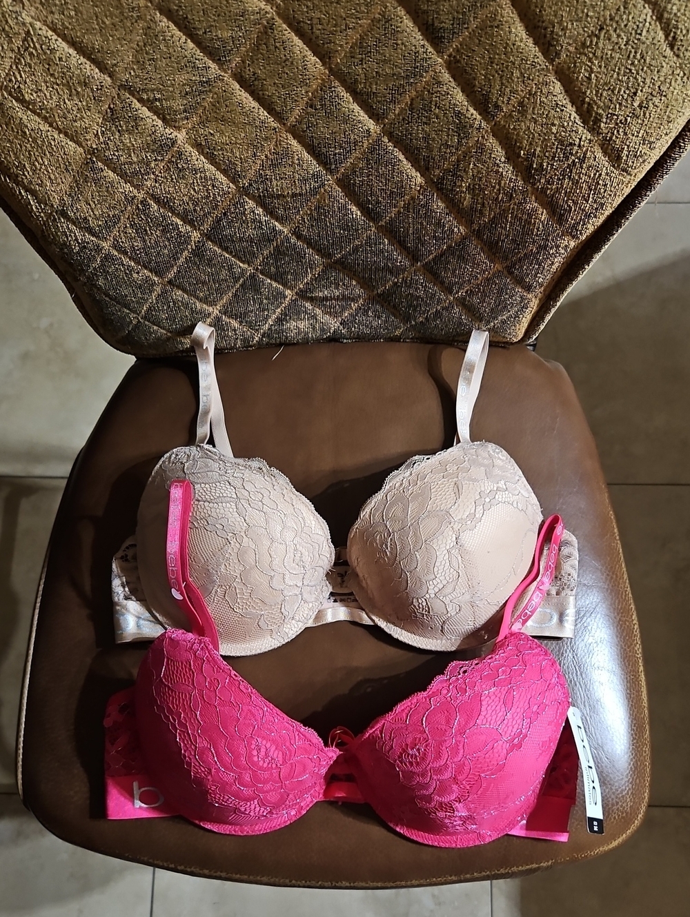 Lot Of 2 Bebe Plunge Push Up Underwire Pink Tan Silver Floral Lace Bras Padded